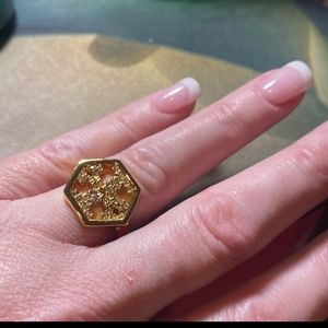 Tory Burch Gold Plated Hexagon Ring w/Pave Crystals around Double T LAST ONE!
